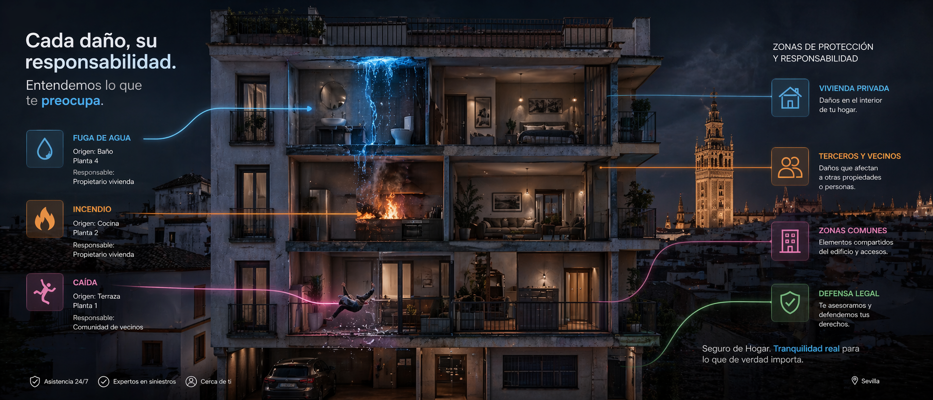 Seguro de comunidad de propietarios en Sevilla: quién paga qué cuando hay un siniestro